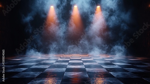 Race Track Finish Line with Dramatic Blue Spotlights and Mist on Asphalt Ground
