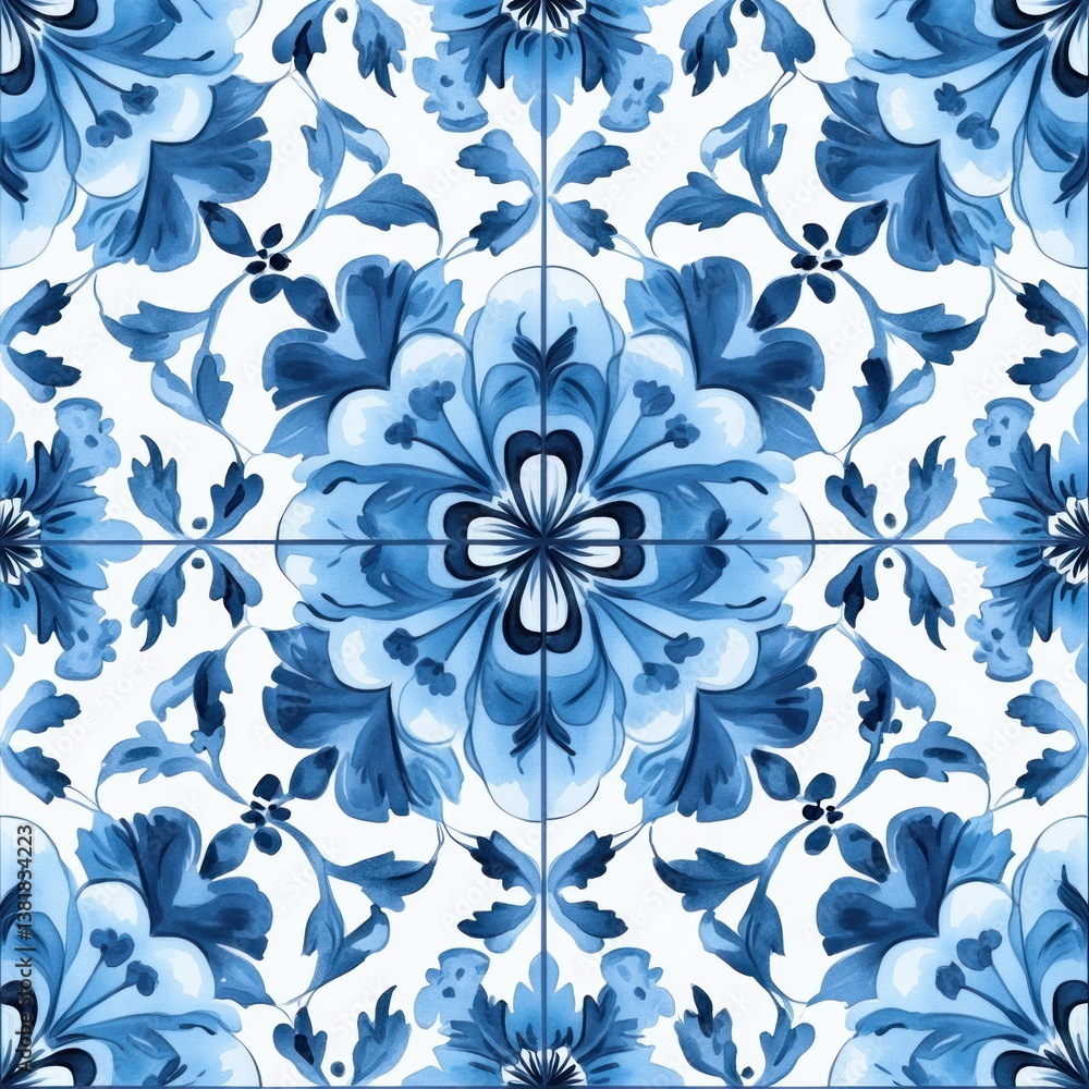 Obraz premium Seamless Blue and White Ornamental Pattern Inspired by Portuguese Azulejo Tiles Decorative Art