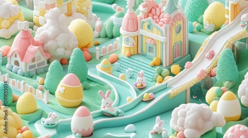 Easter Egg Village Miniature with Bunnies and Candy Houses in Pastel Colors