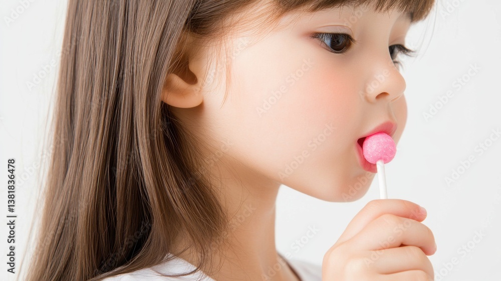 Little girl with long brown hair enjoys a pink lollipop, her face is slightly turned to the side. Little girl with long brown hair enjoys a pink lollipop, her face is slightly turned to the side.