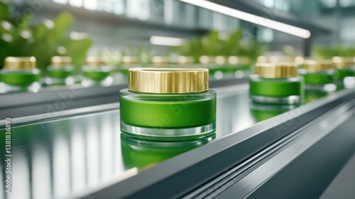 Wallpaper Mural Green cosmetic jars with gold lids on a conveyor belt, manufactured in a factory setting with plants in view. Torontodigital.ca