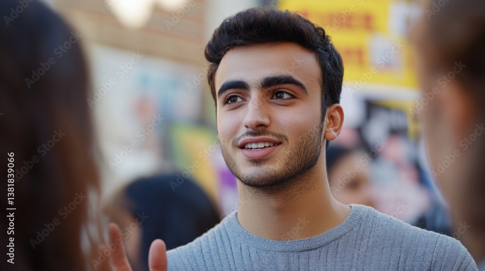 Young man engaging in animated discussion and gesturing expressively during an outdoor political meeting, surrounded by a blurred crowd of participants in the background Young man engaging in animated discussion and gesturing expressively during an outdoor political meeting, surrounded by a blurred crowd of participants in the background