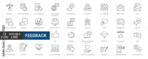 Feedback Outline Icon Pack. Minimal Line Set featuring Rating, Testimonials, Quick Response, Satisfaction, and more. Clean Web Icons Collection.