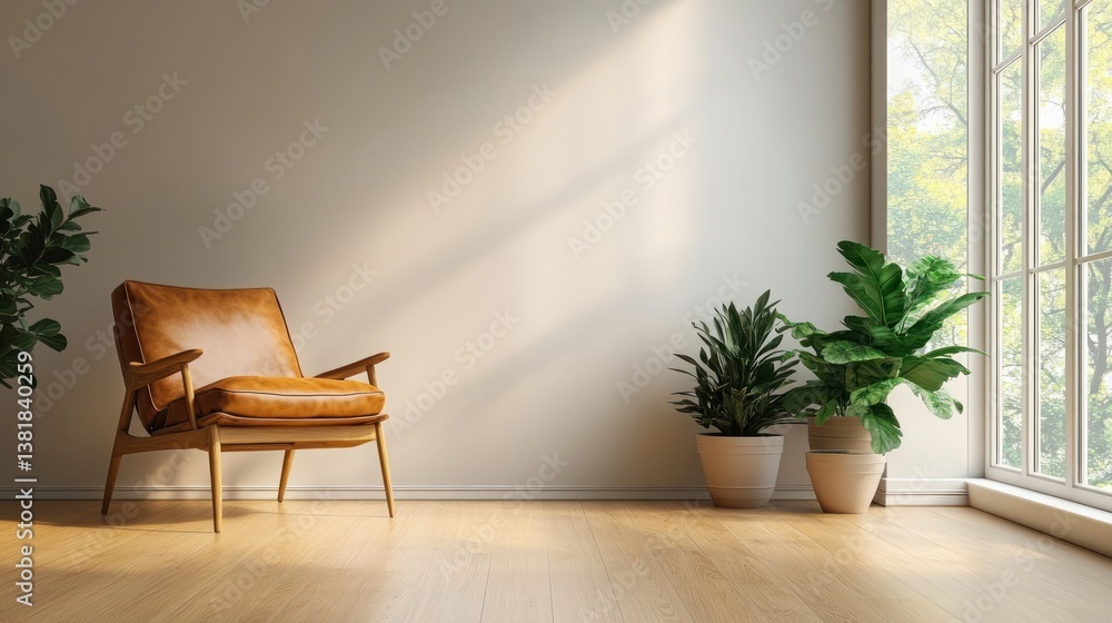 Fototapeta premium Scandinavian Minimalist Living Room with Leather Armchair and Natural Elements