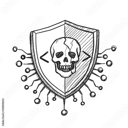 Malware Shield with Skull Design – Sketch Style Digital Security Illustration for Cybersecurity, Antivirus, and Hacking Protection Concepts