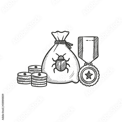 Bug Bounty Reward Bag with Coins and Trophies – Hand-Drawn Sketch Style for Cybersecurity, Hacking, and Tech Achievement Concepts 