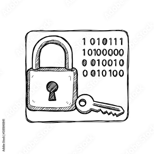 Cryptography sketch of a padlock and key with binary code background  