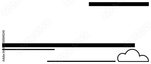 Black horizontal lines of varying thickness arranged near a small cloud graphic. Ideal for simplicity, minimal design, creative layout, abstraction, calm, balance, lightness. Flat simple metaphor