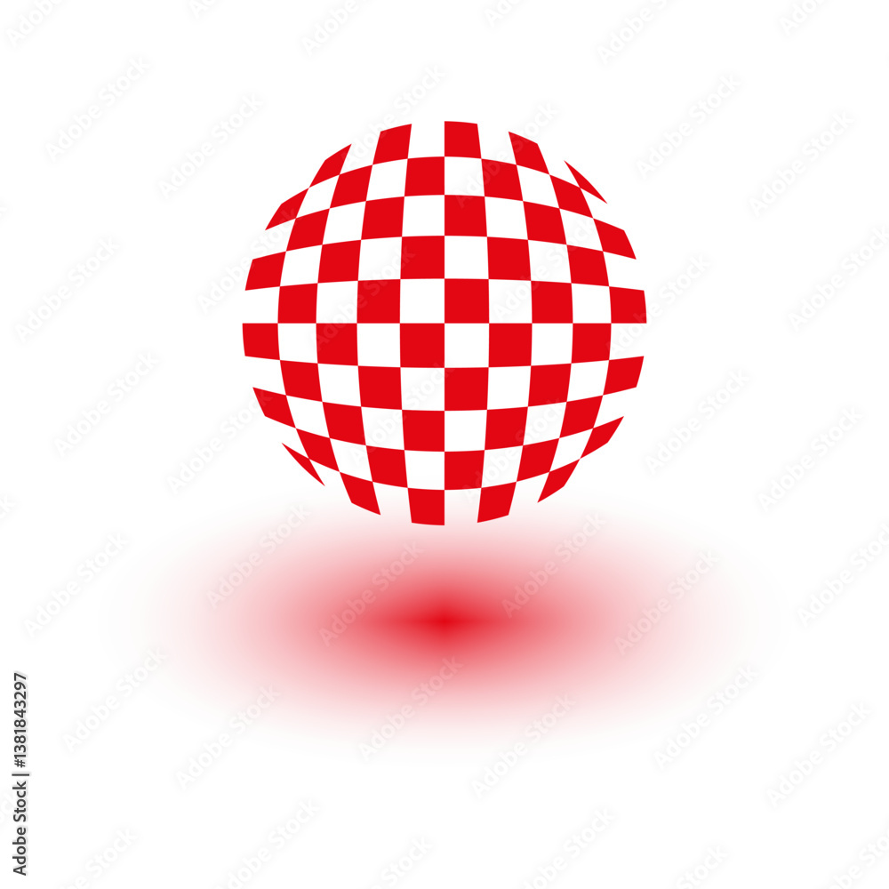 Checkerboard sphere illustration. Red white pattern. Gradient shadow effect. Vector globe symbol.