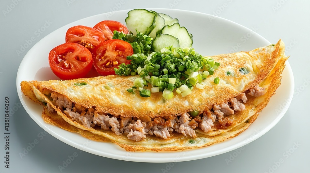 A juicy minced pork omelette with crispy edges set against a light gray background A juicy minced pork omelette with crispy edges set against a light gray background