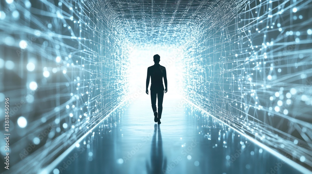 Man walking through digital tunnel representing future technologies connection Man walking through digital tunnel representing future technologies connection