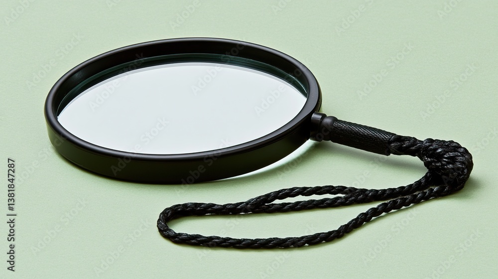 A modern black and white magnifying glass with a thin metal handle on a vibrant mint green background A modern black and white magnifying glass with a thin metal handle on a vibrant mint green background