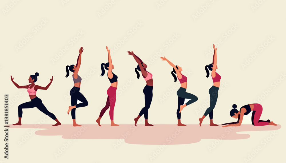 Fototapeta premium Diverse women practicing yoga poses against a light background 