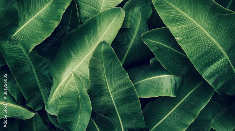 Obraz premium Lush green banana leaves overlapping, detailed veins and textures, tropical rainforest background generative ai