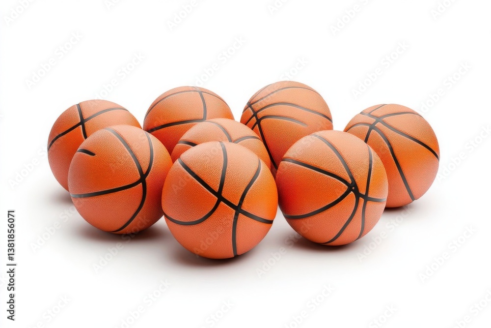Obraz premium A flock of basketballs isolated on a white background, showcasing vibrant orange color and textured surface, ideal for sports, fitness, and athletic themes.