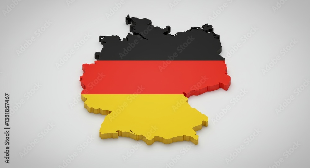 Isometric 3D rendering of Germany map filled with German flag colors on white background Isometric 3D rendering of Germany map filled with German flag colors on white background