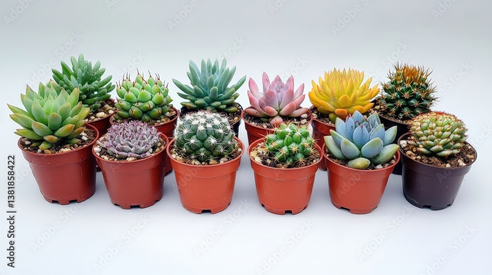 Potted cacti and succulents on white background, minimalist indoor plant decor, cactus collection in pots, copy space, high-quality photography. Potted cacti and succulents on white background, minimalist indoor plant decor, cactus collection in pots, copy space, high-quality photography.