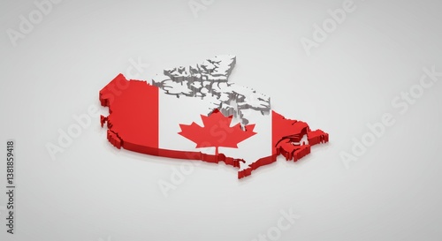Isometric 3D Rendering of Canada Map with Canadian Flag Colors and Maple Leaf