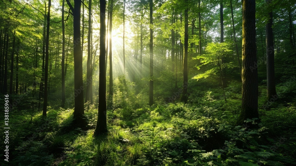 Obraz premium Lush green forest with sunlight filtering through dense trees, symbolizing environmental conservation. generative ai