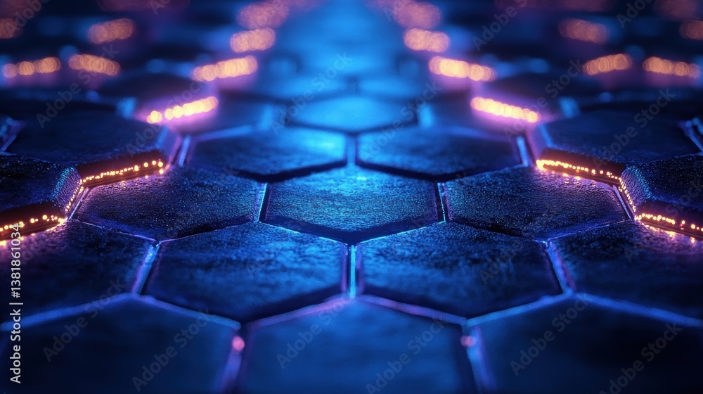 Fototapeta premium Futuristic Hexagonal Grid Structure with Glowing Blue Neon Lights for Healthcare Technology and Innovation