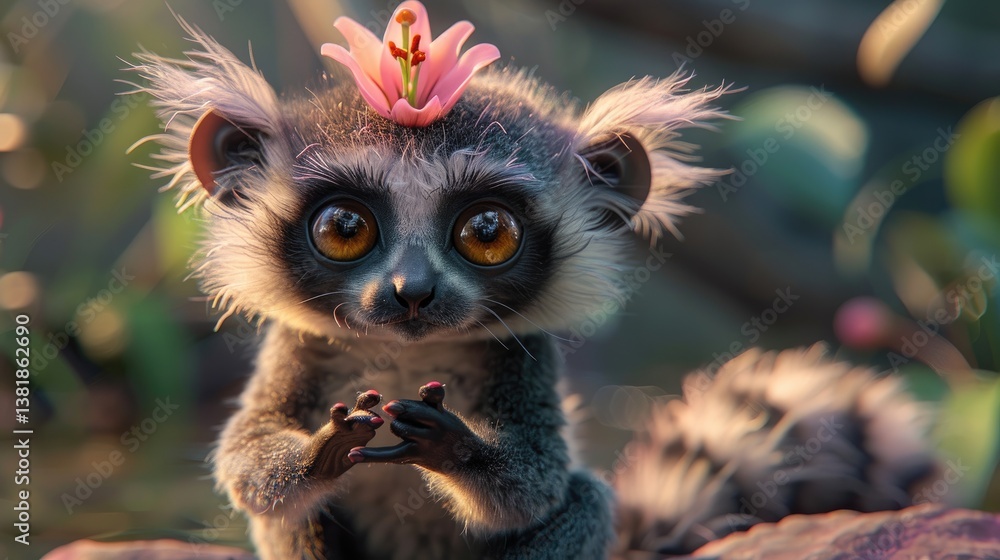 a baby of not real animal that looks like a mix of lemur and raccoon with big yellow eyes and tiny ears and round face and brown color of body and fluffy black and white a baby of not real animal that looks like a mix of lemur and raccoon with big yellow eyes and tiny ears and round face and brown color of body and fluffy black and white