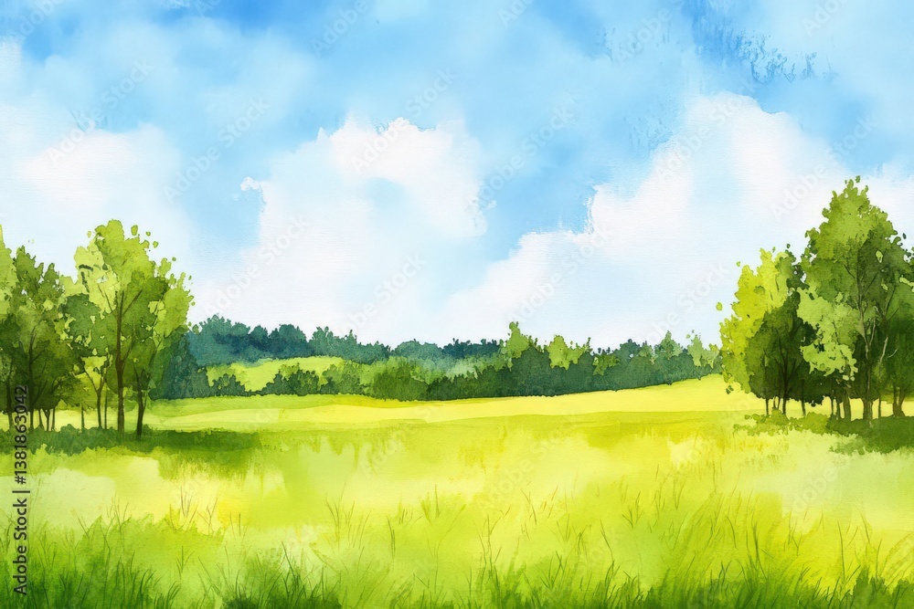 Fototapeta premium Watercolor summer landscape featuring a green meadow, trees, and blue sky. Hand-drawn countryside scenery, ideal for postcards, banners, or designs. Vibrant and serene nature illustration.