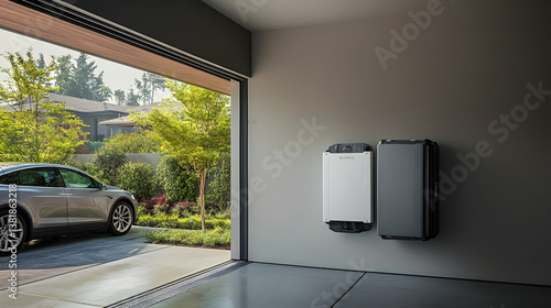 Home energy storage, garage, EV charging, suburban setting