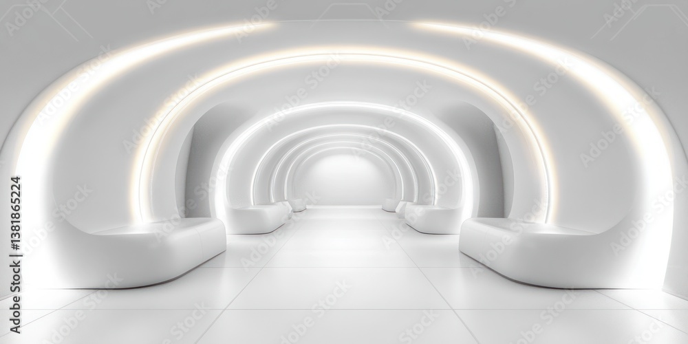 Fototapeta premium Futuristic Minimalistic White Room with Soft Glowing Lighting and Curved Walls