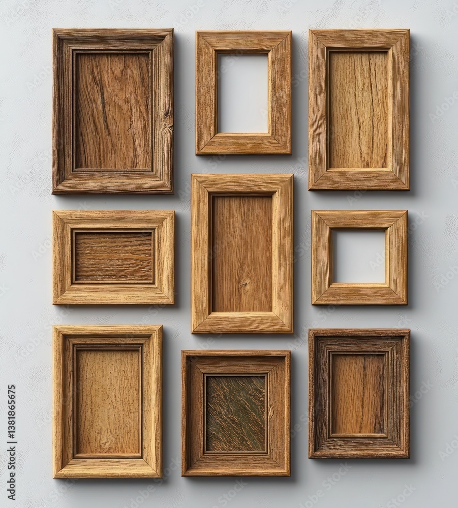 Wooden Picture Frames in Asymmetrical Arrangement on Light Gray Background Wooden Picture Frames in Asymmetrical Arrangement on Light Gray Background