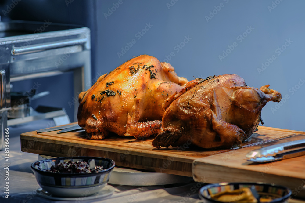 Naklejka premium roasted chicken in party dinner in warm light from hot lamp