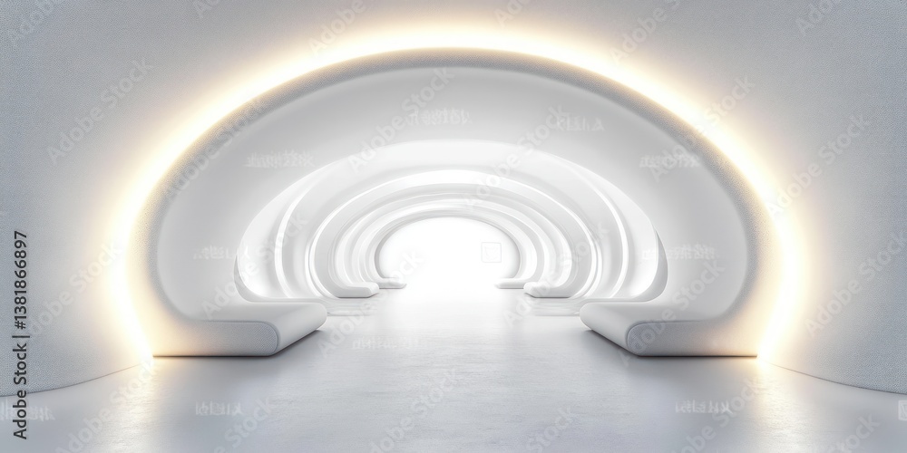 Fototapeta premium Minimalistic White Futuristic Interior with Glowing Arch Lighting and Curved Walls