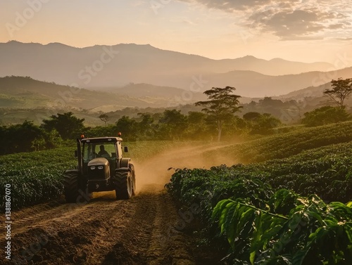 Tractor Harvesting Coffee for Mountain Sunset.