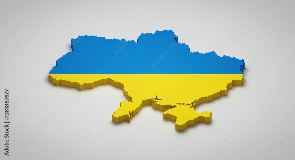 Isometric 3D Rendering of Ukraine Map in Ukrainian Flag Colors with Subtle Reflection Isometric 3D Rendering of Ukraine Map in Ukrainian Flag Colors with Subtle Reflection