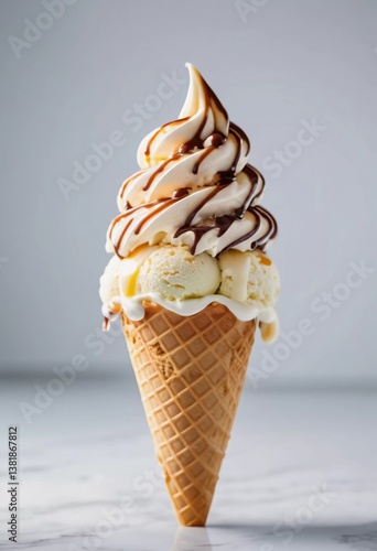 Indulging in a tempting ice cream cornet filled with creamy soft serve and drizzled with rich chocolate syrup, perfect for warm days and sweet cravings Generative AI