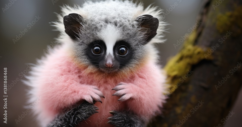 Fototapeta premium a baby of not real animal that looks like a mix of lemur and raccoon with big yellow eyes and tiny ears and round face and brown color of body and fluffy black and white 