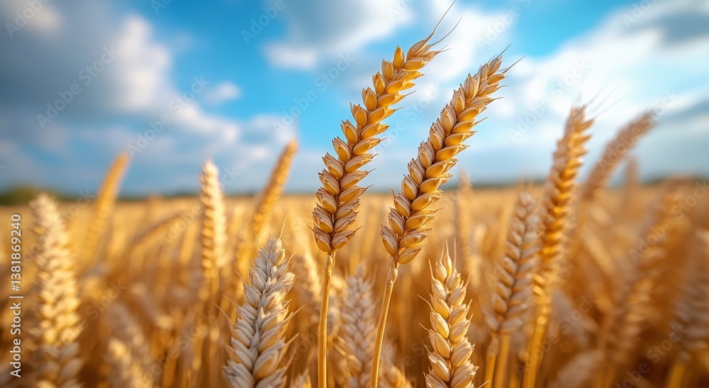 Golden wheat field under blue sky and clouds