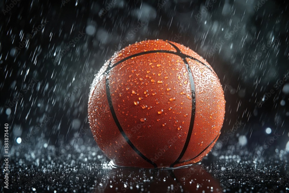 3D render of a basketball close-up on a black background, illuminated with dramatic lighting and rain droplets highlighting texture. 3D render of a basketball close-up on a black background, illuminated with dramatic lighting and rain droplets highlighting texture.