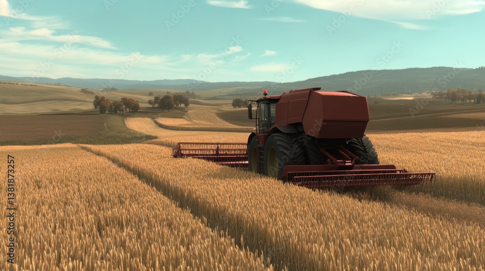 Fototapeta premium Harvester in Action Red Agricultural Machine Cutting Golden Wheat Field Under Blue Sky