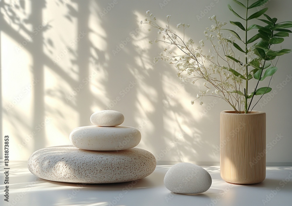 Minimalist Still Life White Stone Wooden Cylinder Tropical Plant Natural Lighting Scandinavian Aesthetic Minimalist Still Life White Stone Wooden Cylinder Tropical Plant Natural Lighting Scandinavian Aesthetic