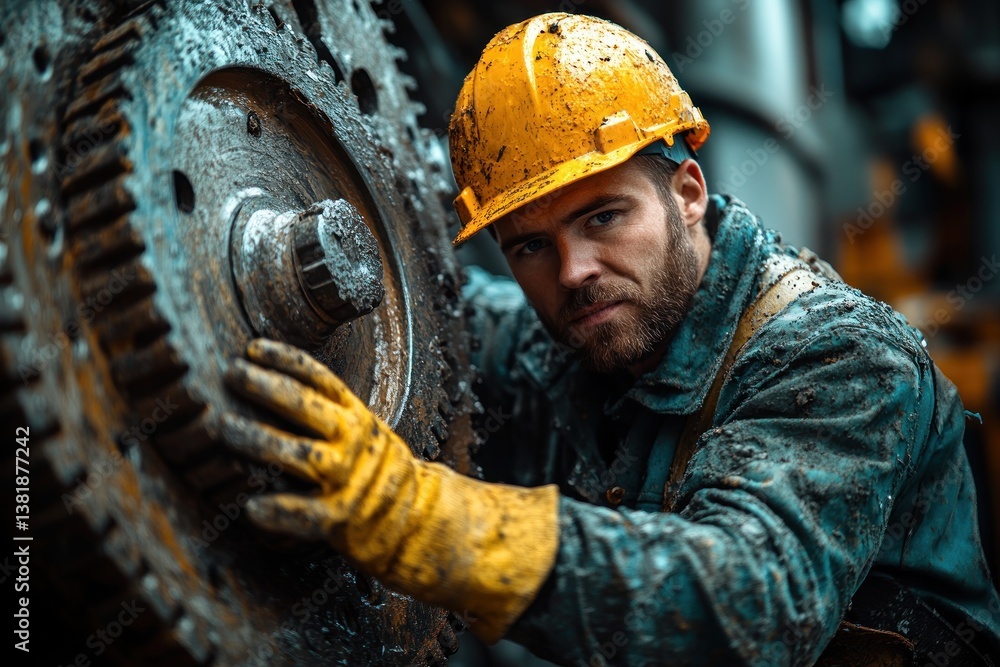 Construction Worker Repairing Heavy Machinery with Grease Gun for Maintenance Service