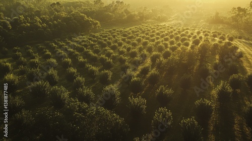 Sunrise over Misty Olive Grove.