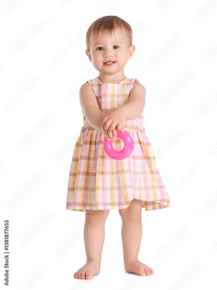 Cute baby with toy on white background Cute baby with toy on white background