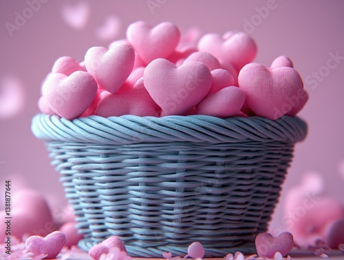 Blue Basket with Pink Heart Icons on Isolated Background Modern Minimalistic Design