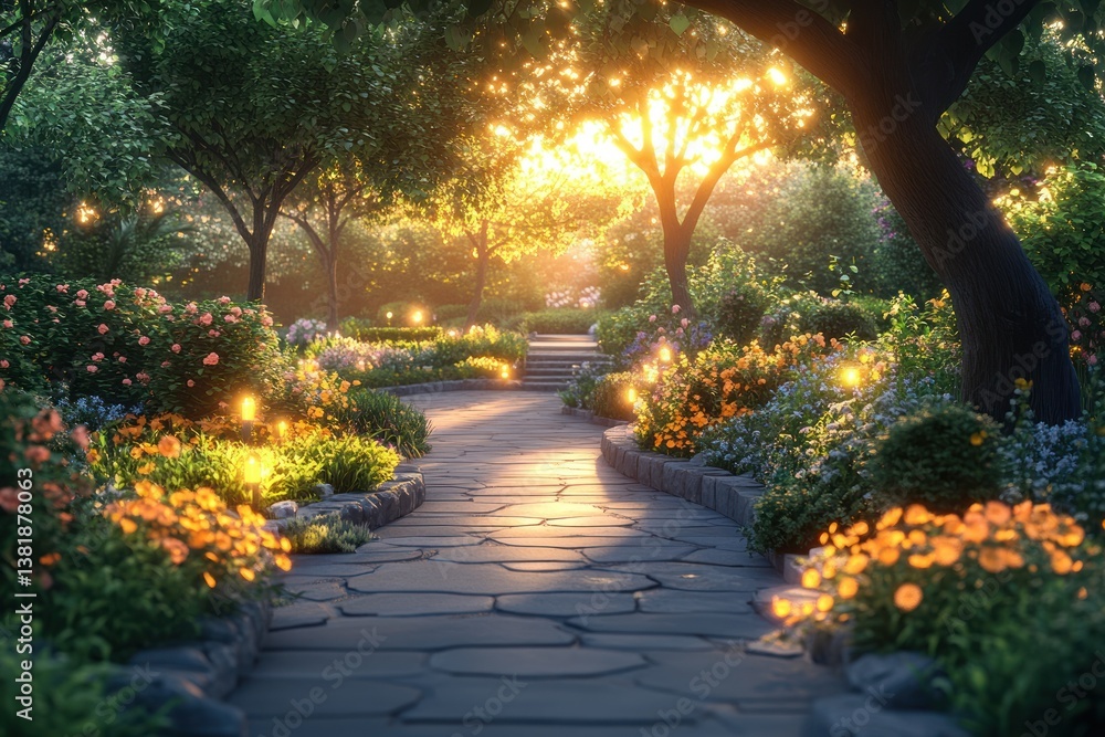 Garden Evening Lighting and Tranquil Landscape with Plants and Trees