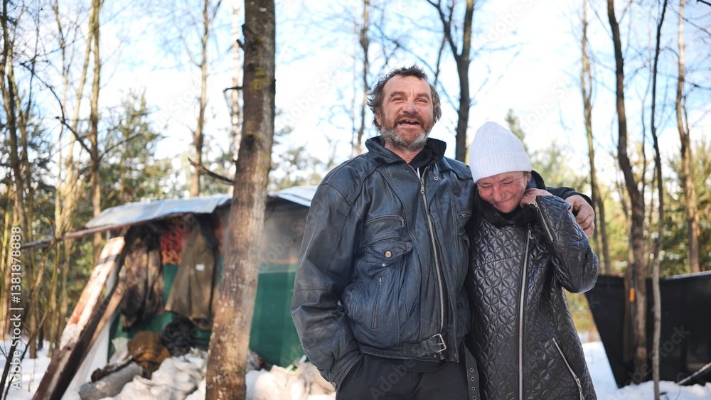 Homeless couple hugging near ramshackle shelter, winter forest revealing hardship of addiction and economic struggle Homeless couple hugging near ramshackle shelter, winter forest revealing hardship of addiction and economic struggle