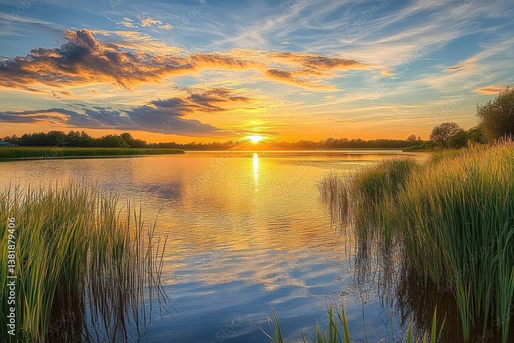 Tranquil Sunset Over Serene Lake with Reflections and Lush Reeds Tranquil Sunset Over Serene Lake with Reflections and Lush Reeds