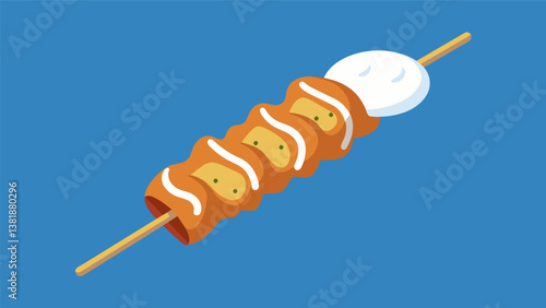 A skewer of grilled Greekstyle marinated chicken served with a creamy tzatziki sauce for dipping.. Vector illustration