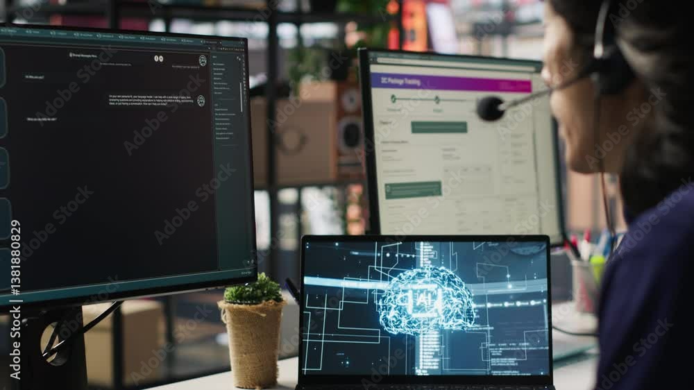 Customer center employee uses artificial intelligence LLM assistant to locate clients packages. Call center agents track shipments in office, using AI chatbot to generate solutions, camera A