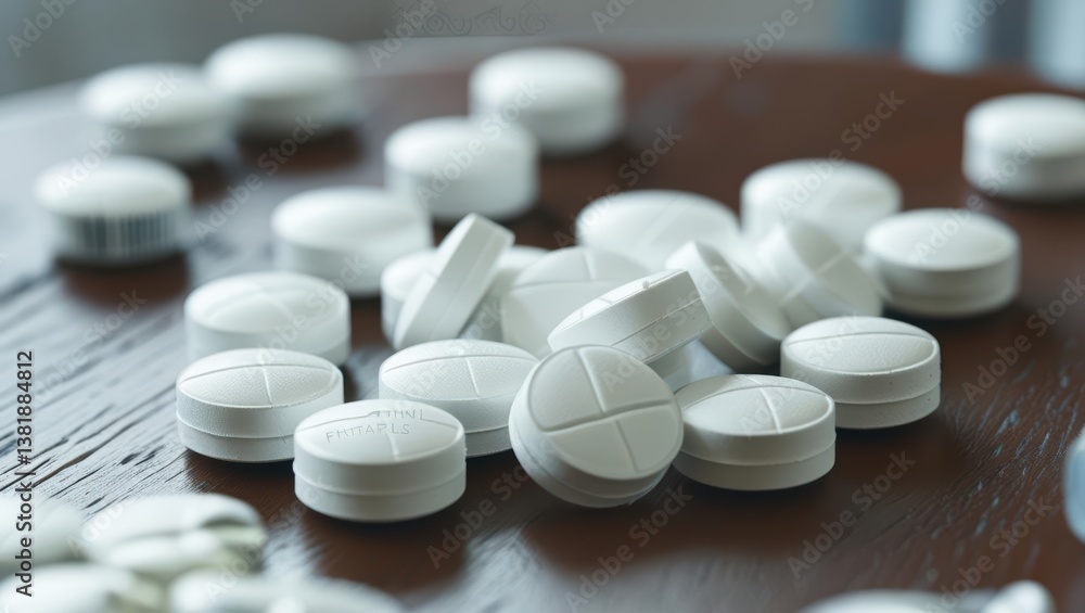 White Fentanyl Tablets Scattered Across A Wooden Table Surface, Highlighting The Serious Issues Of Opioid Addiction And Prescription Drug Misuse Affecting Individuals And Communities. White Fentanyl Tablets Scattered Across A Wooden Table Surface, Highlighting The Serious Issues Of Opioid Addiction And Prescription Drug Misuse Affecting Individuals And Communities.