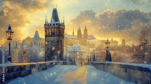 Romantic Prague: Snowy castle & bridge, Czech Republic.